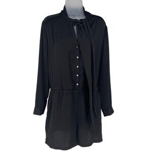Ann Taylor Loft Black‎ Tie Neck Long Sleeve Romper With Pockets Size Large